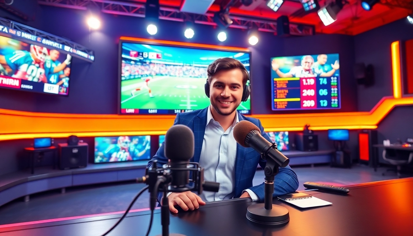 Engaging sports broadcasting scene showcasing a dynamic presenter and live game highlights.
