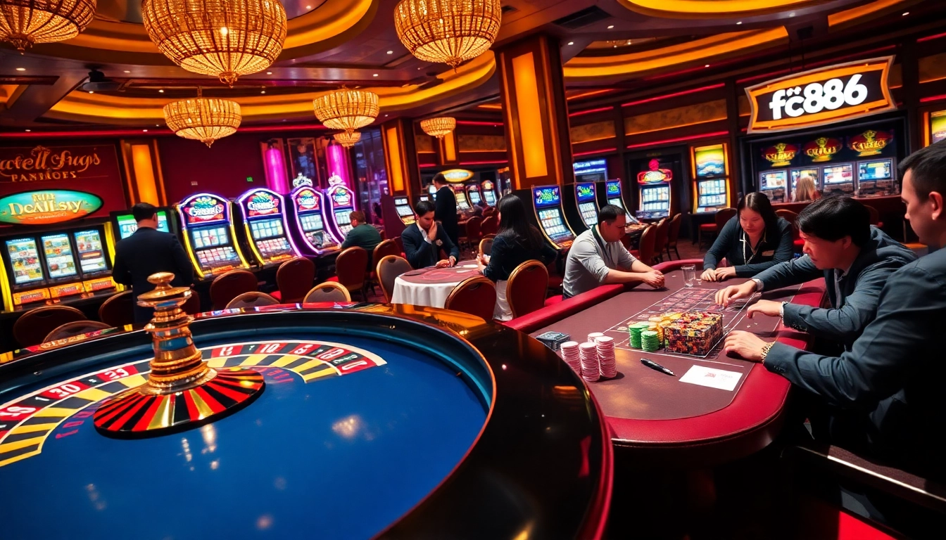 Experience thrilling gameplay at FC88's bustling casino tables filled with excitement.