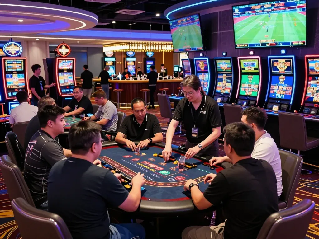 F168 online casino gaming scene with diverse players enjoying vibrant atmosphere and engaging activities.