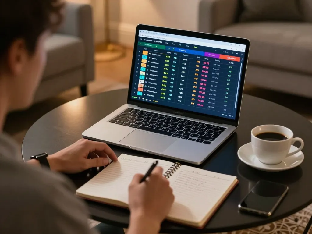 Strategizing sports betting at Five88 in a cozy home environment with a laptop and notebook.