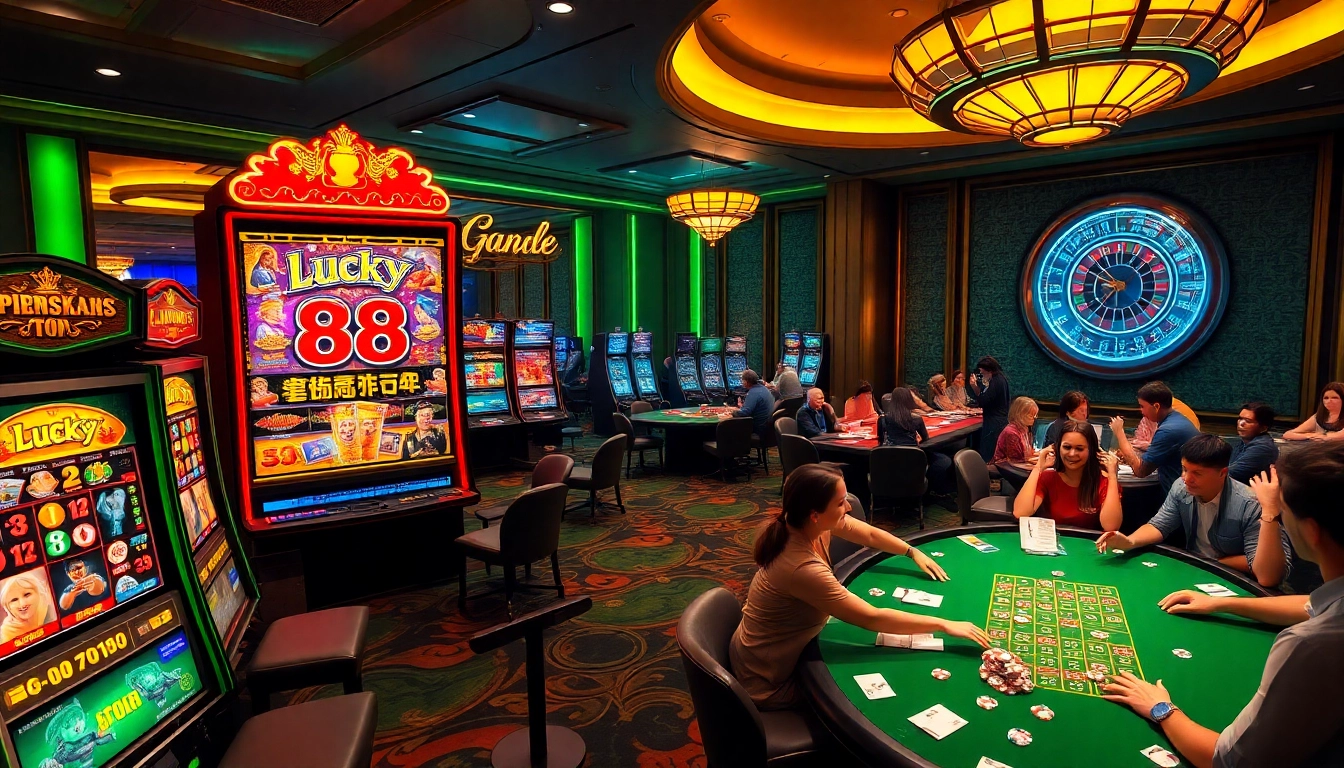 Players enjoying the Lucky 88 slot machine amidst vibrant casino excitement.