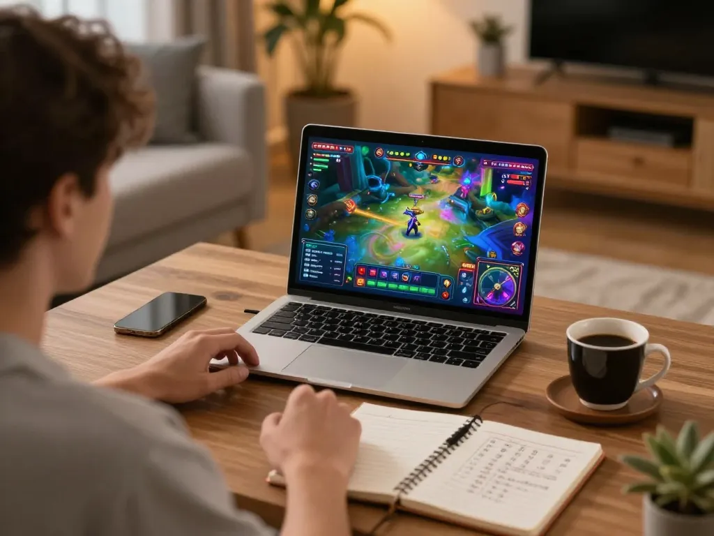 Player engaging in SKY88 online gaming on a laptop, showcasing strategy and excitement in a cozy home setting.