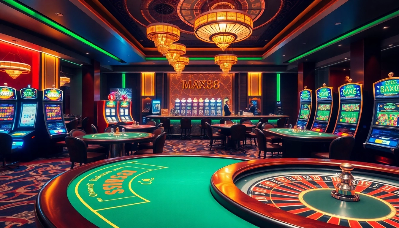 MAX88 casino floor filled with elegant tables and slot machines, capturing the thrill of gambling.