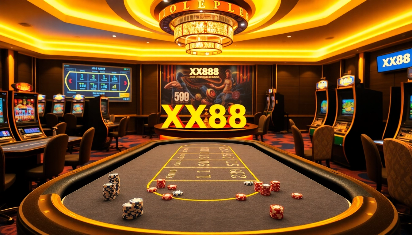 Players enjoying a thrilling gaming experience at XX88 casino tables with vibrant slots and poker.