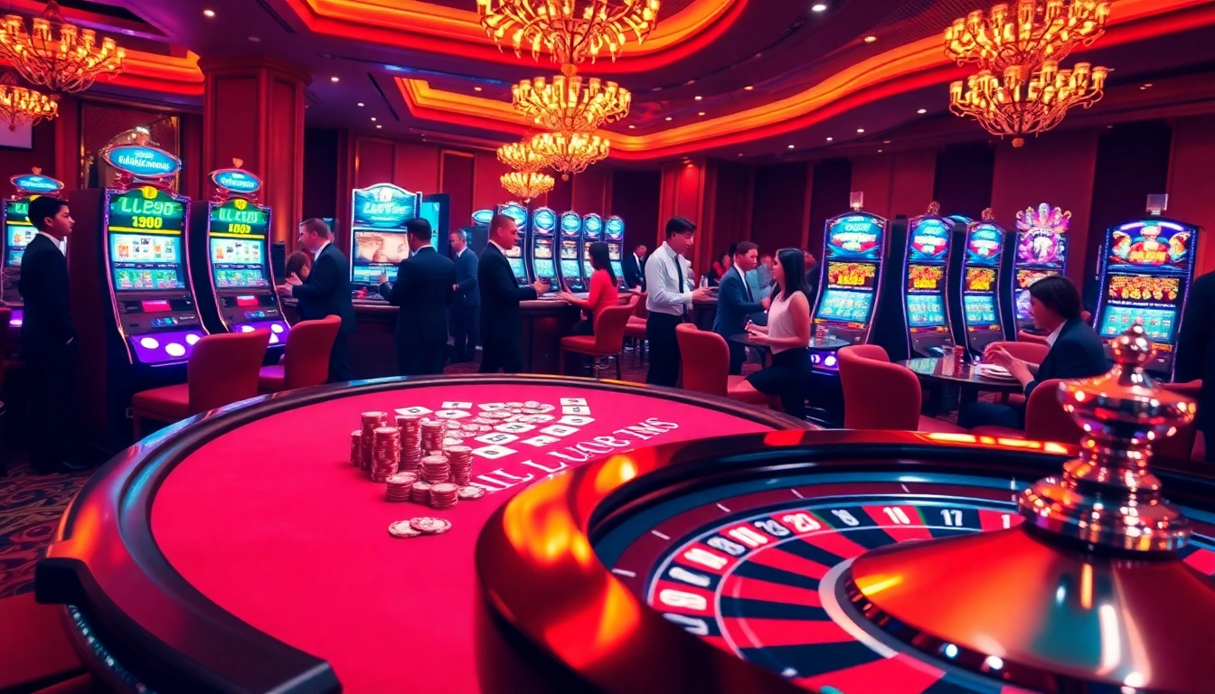 LU88 gaming scene showing high-stakes poker and dynamic slot machines in a vibrant casino atmosphere.
