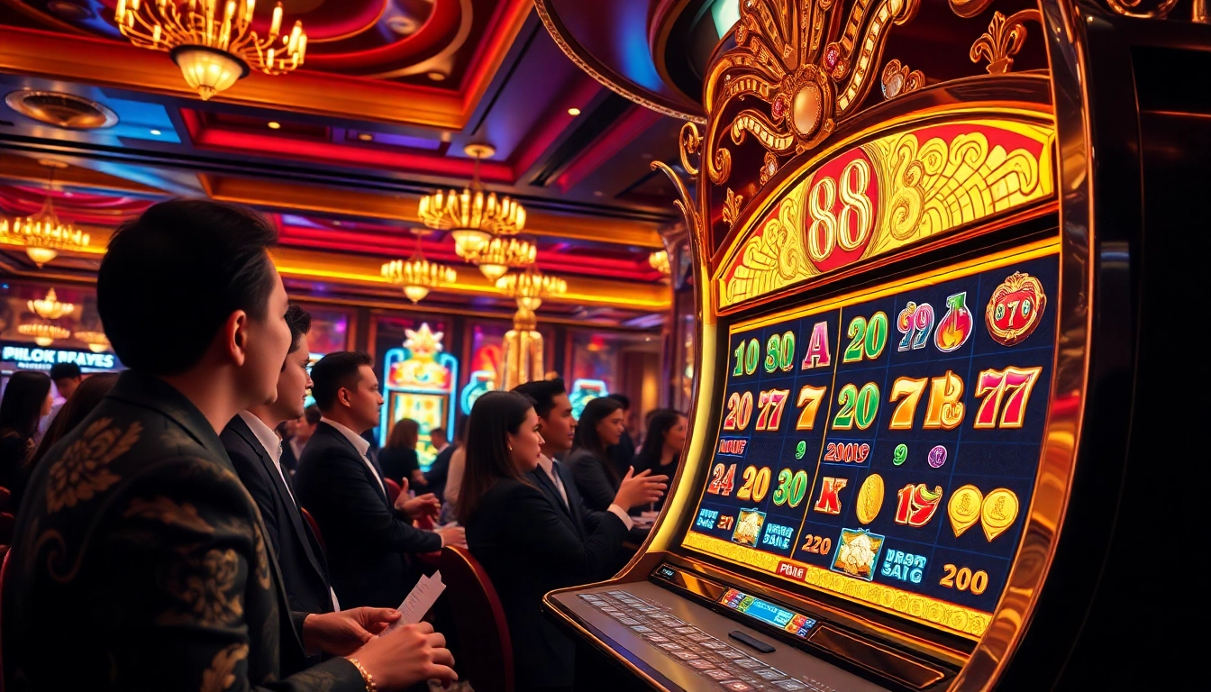Excited players winning big on the lucky88 slot machine in a luxurious casino atmosphere.