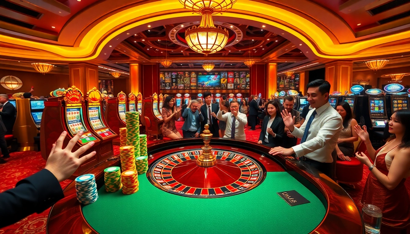 Experience excitement at lu88 with players enjoying roulette and celebrating wins in a luxurious casino.