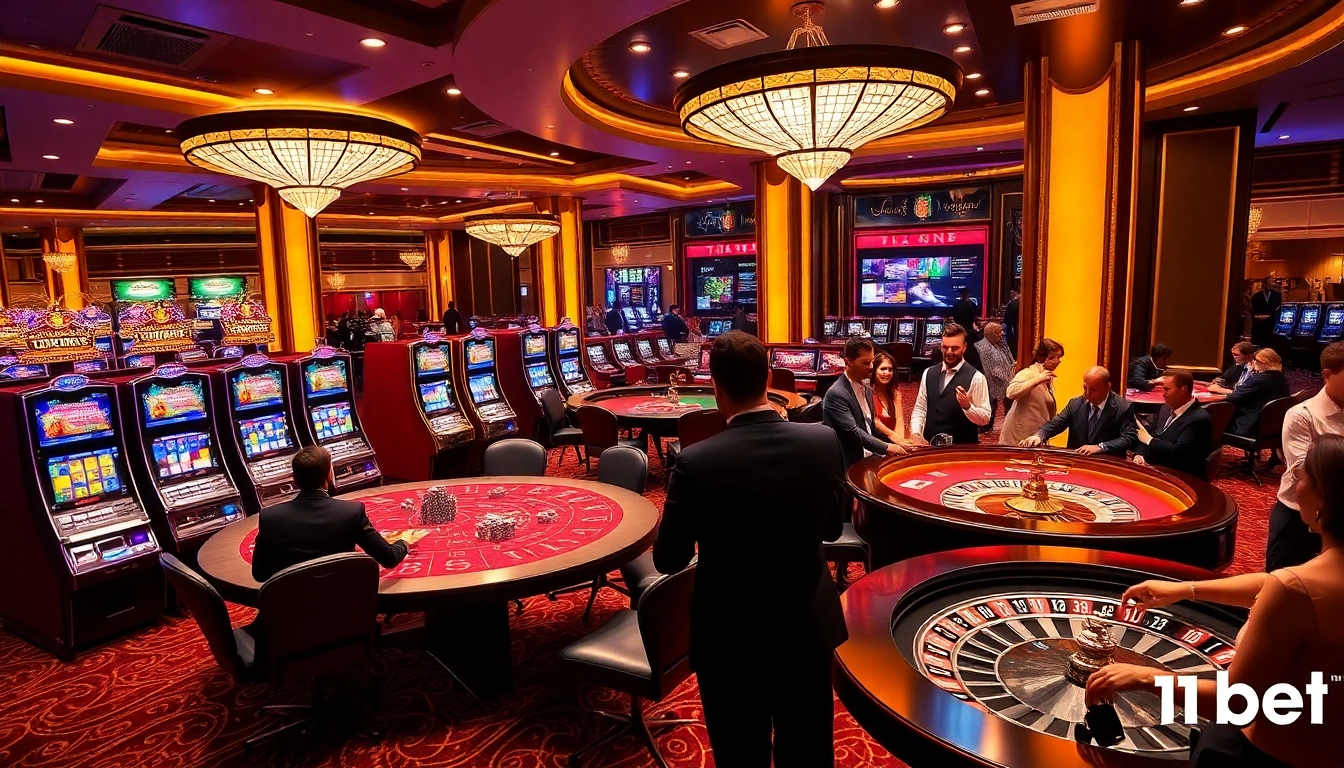 Excited gamblers playing in a luxurious casino featuring 11bet themed poker tables and slot machines.