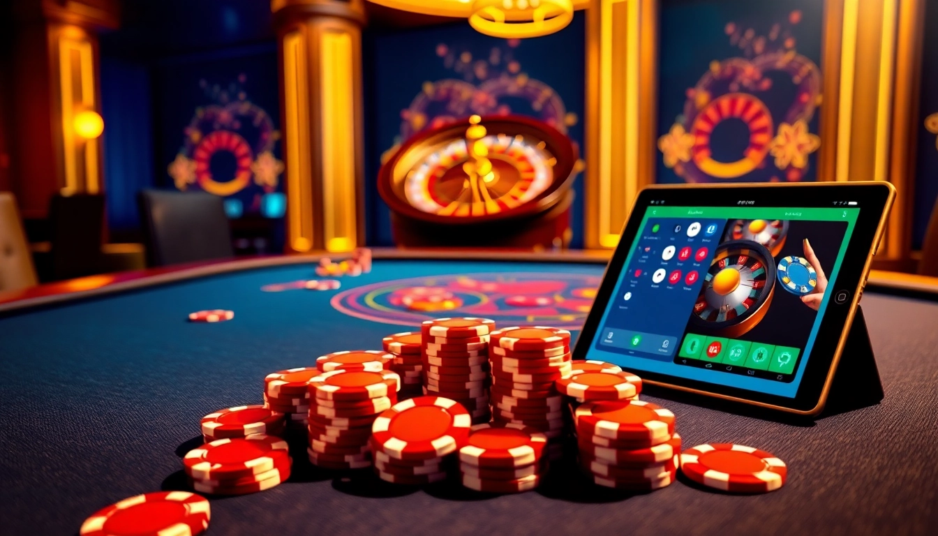 Experience J88 gaming with vibrant poker chips and a spinning roulette wheel in a luxurious casino setting.