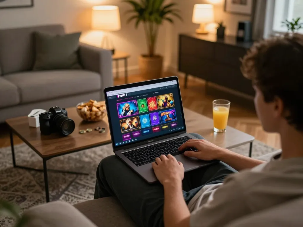 Engaging in online gaming at home, featuring 11BET's vibrant interface on a laptop.
