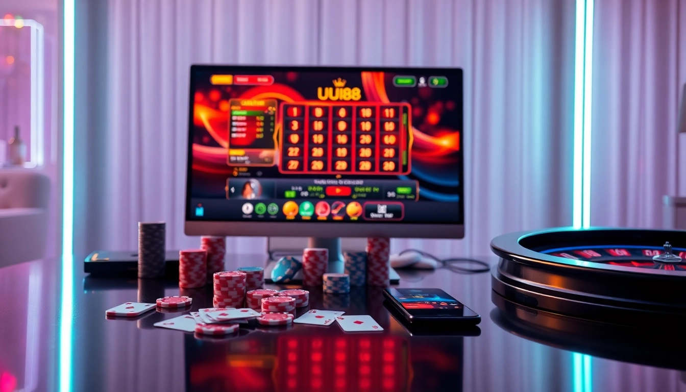 Experience thrilling gaming at UU88 with vibrant poker chips and elegant casino visuals.