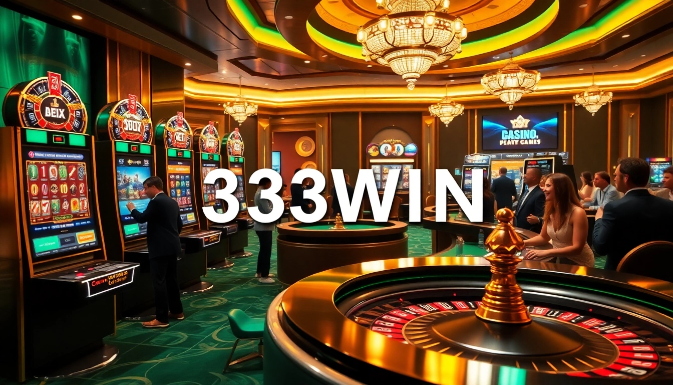 Players enjoying the thrilling atmosphere at 33WIN casino with vibrant slot machines and poker games.