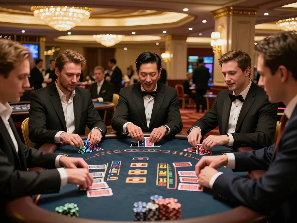 SKY88 players enjoying an exciting blackjack game with intense focus and strategy.