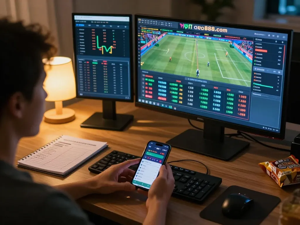 Engaged user placing bets on kp88.com with live sports scores, showcasing strategic betting.