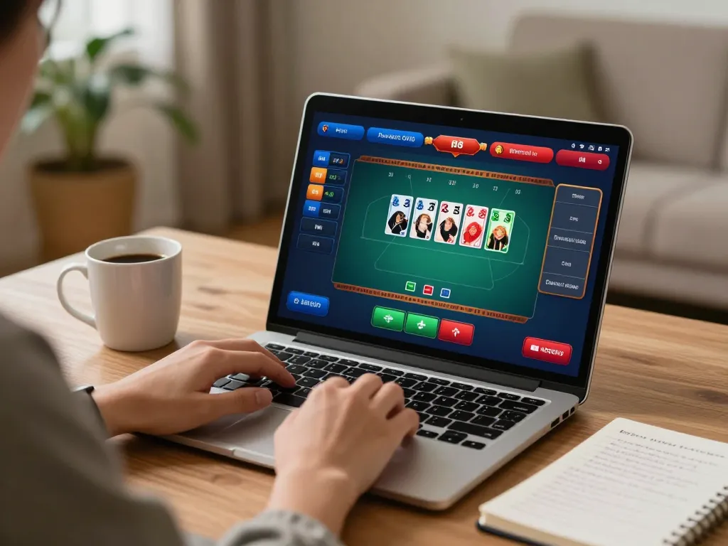 Engaging player exploring VIN88 poker strategies at home with a cozy setup.