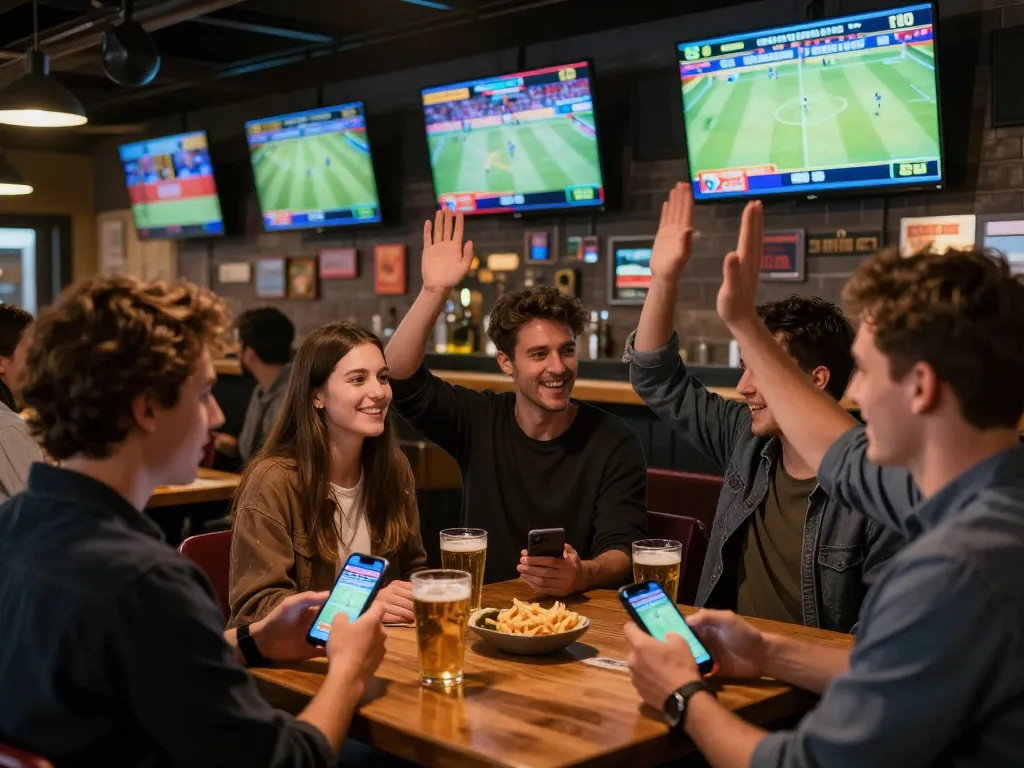 Fans enjoying sports betting at ta88ai.com in a lively bar environment with multiple screens and social excitement