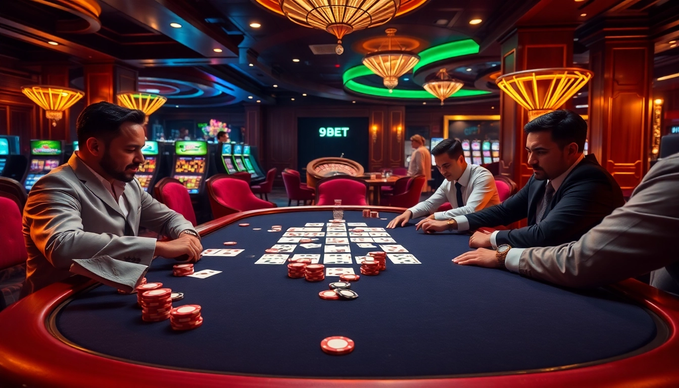 Players engaged in an exciting poker game at a luxurious 9BET casino table.