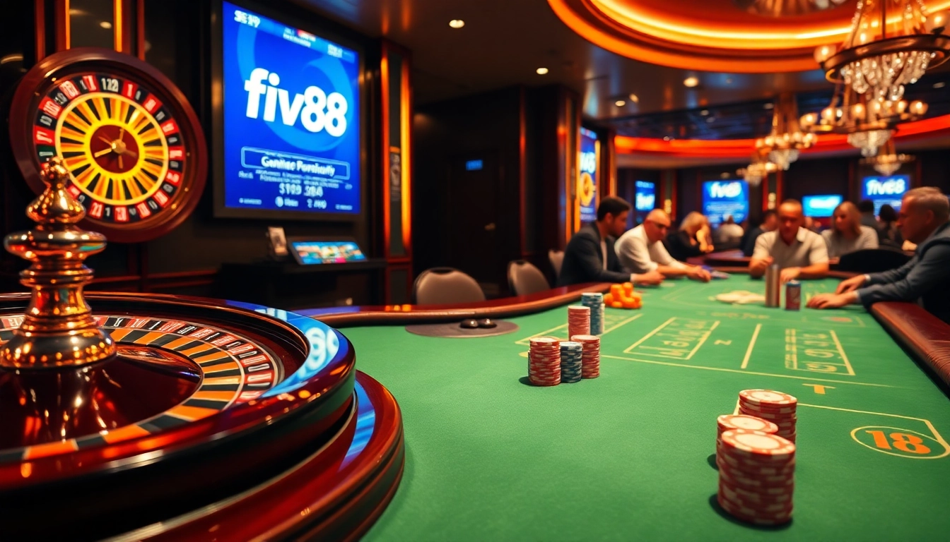 Engaging casino offers with five88 logo on poker tables and roulette wheel, showcasing excitement.