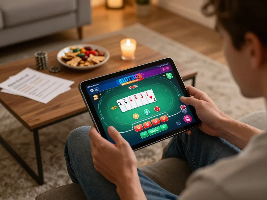 Player engaged with Hitclub app on tablet, showcasing online gambling interface in cozy setting.
