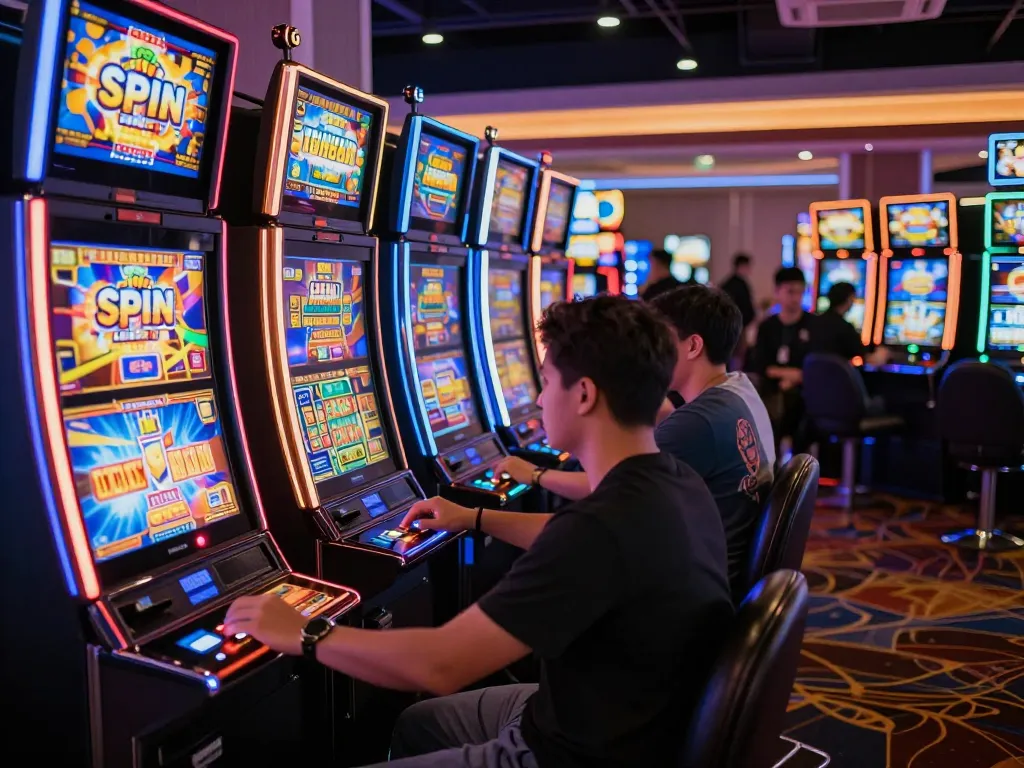 Players engaging with SLOT machines in a vibrant casino atmosphere filled with excitement