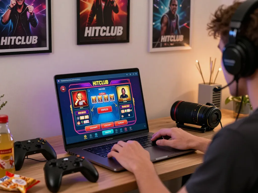 Engaged user playing HITCLUB on laptop, vibrant gaming interface, cozy home setup.