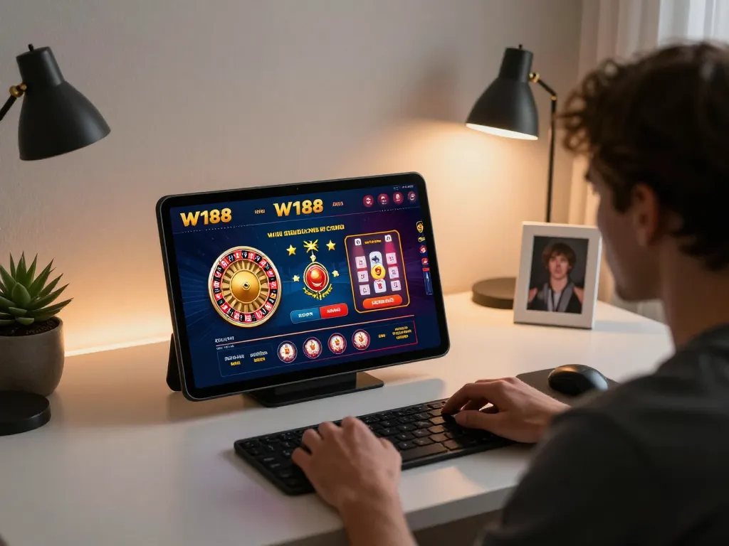 Player engaging with W188 VIP online casino interface on tablet in modern home gaming setup