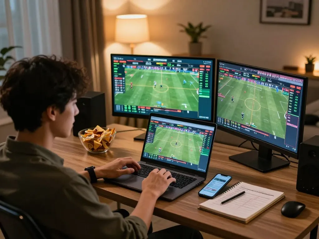 VIN88 user engaging in online sports betting with multiple devices, showcasing strategic betting in a cozy home setting.