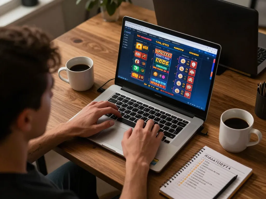 Engaged player using VNLOTO casino platform on laptop, showcasing strategic betting.