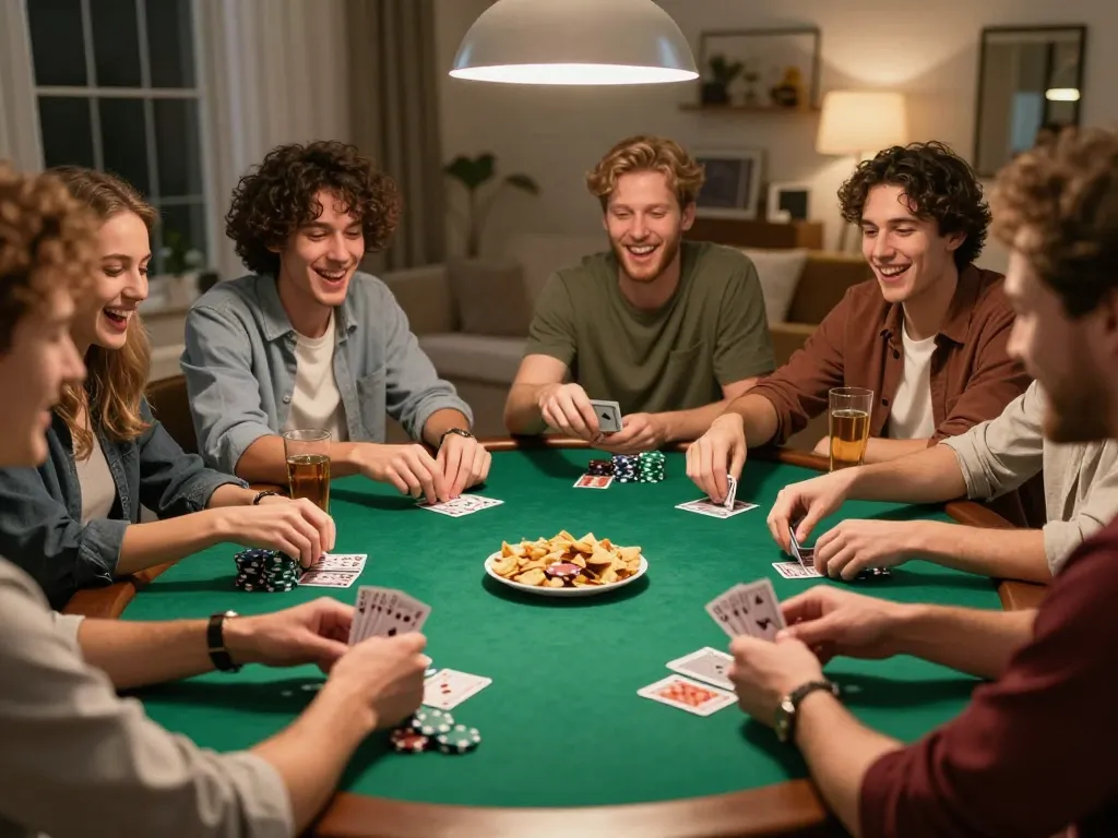 Friends playing poker during a home game night at 56 WIN, showcasing excitement and strategy in their expressions.