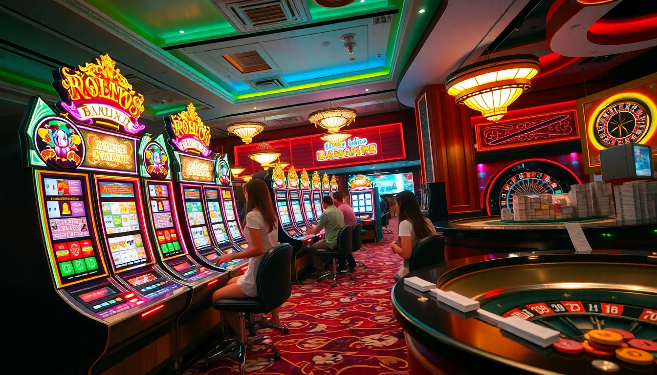 Nổ Hũ Miễn Phí gameplay with bright slot machines and excited players at a luxurious casino.