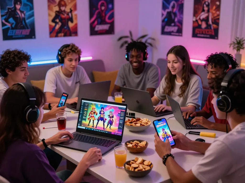 Engaged friends playing hentai games on laptops and smartphones in a cozy gaming setup