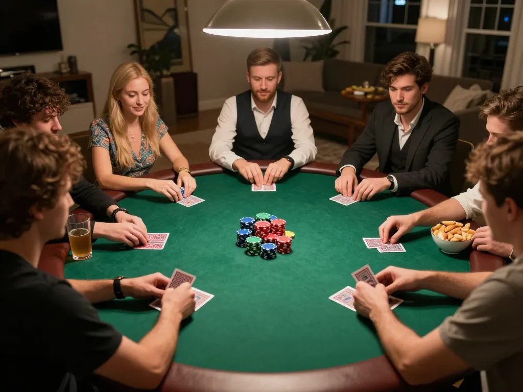 Okfun poker game in a cozy home setting, players enjoying a friendly competition over colorful chips and cards.