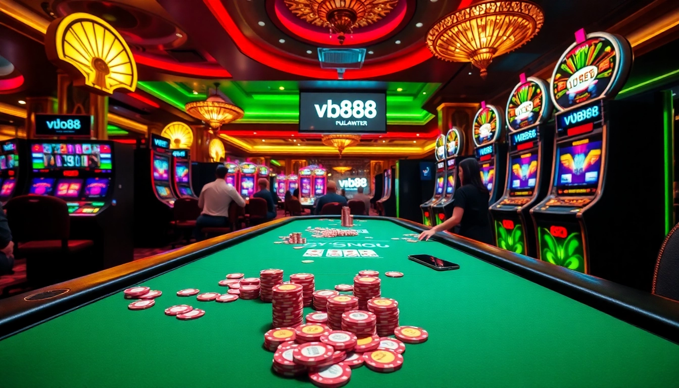 Experience thrilling casino action at VB88 with vibrant poker chips and slots.