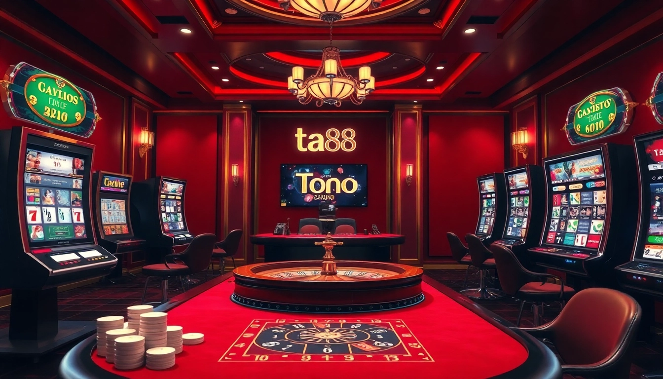 Experience the thrill of ta88 with a luxurious online casino scene showcasing poker chips and a roulette wheel.