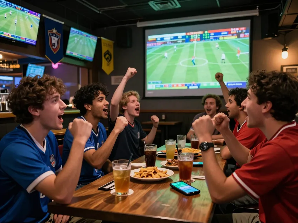 Excited fans enjoying kèo bóng đá trực tuyến in a lively sports bar during a live football match.