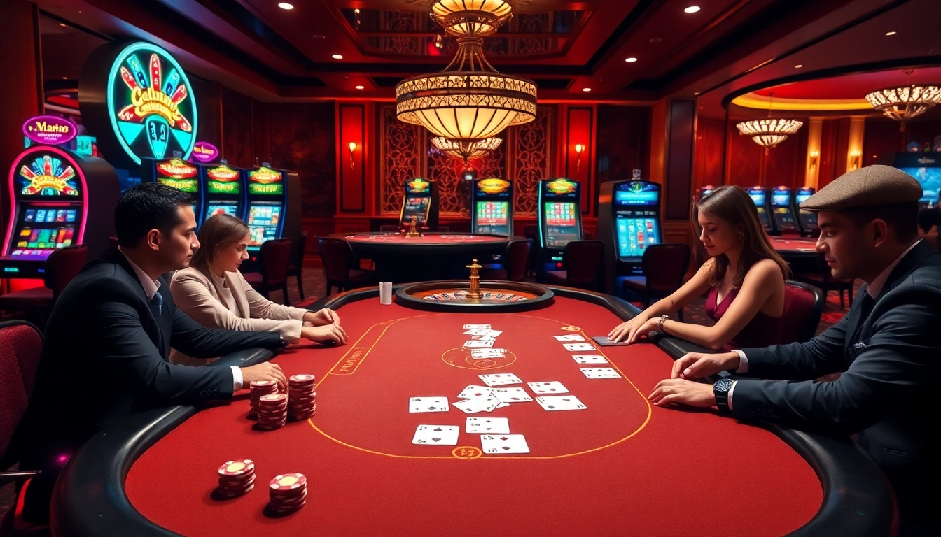 A dynamic casino scene with a poker table at https://good88v.net/, featuring engaged players, vibrant slot machines, and roulette wheels.