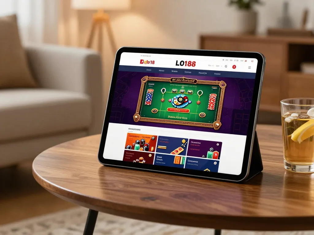 Experience loto188 on a cozy home tablet setup with vibrant casino games visible.