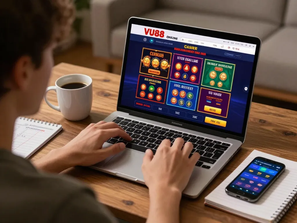Engaged player strategizing with VU88 online casino, showcasing betting notes and laptop interface.