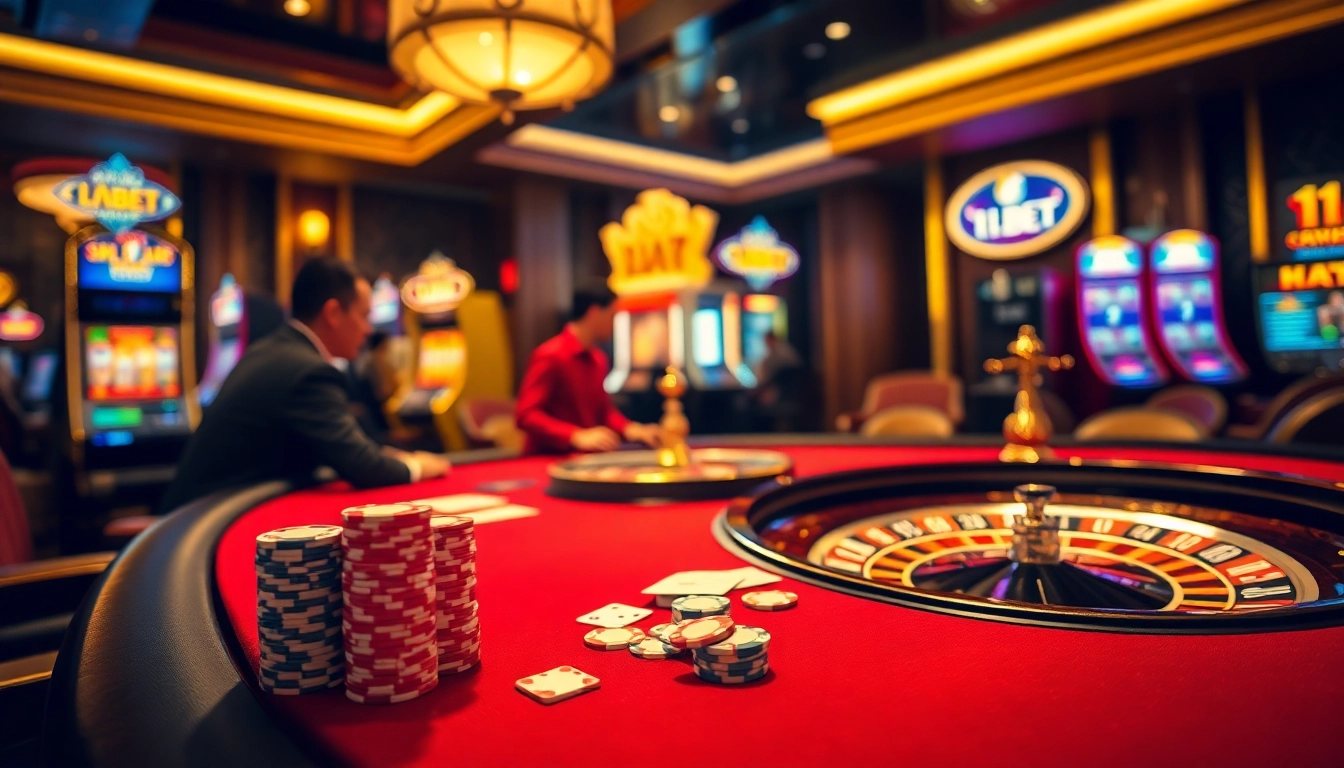 Players enjoying an upscale poker game at 11BET, with colorful chips and intense focus.