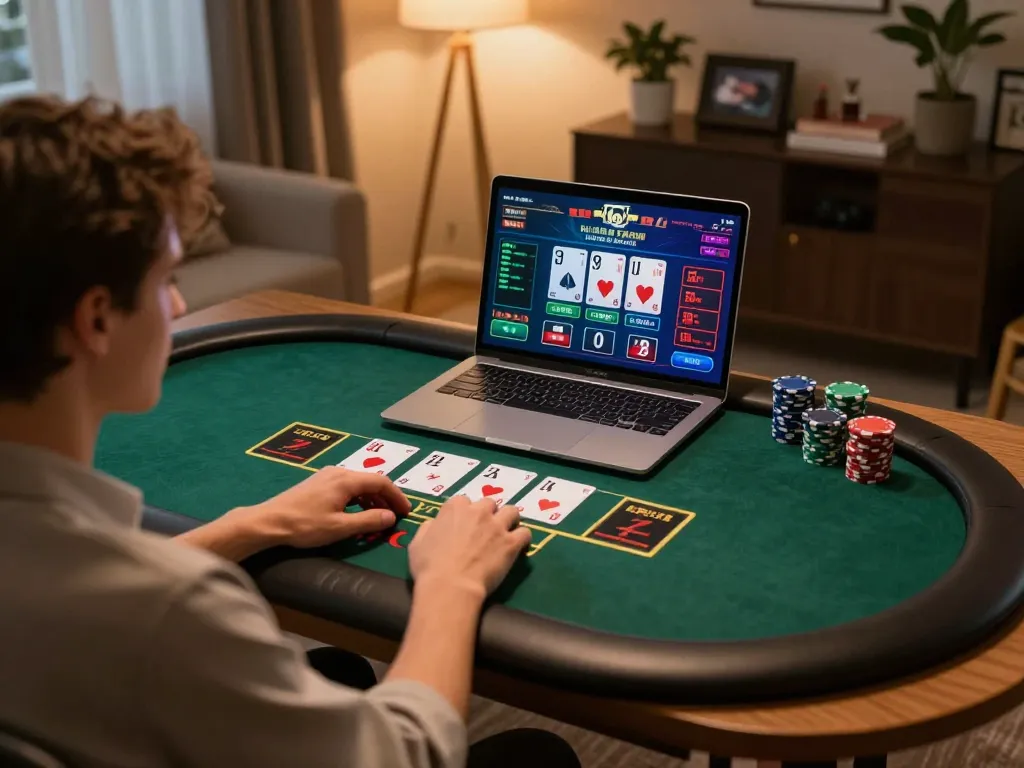Player engaging in online blackjack with sx88 vom, demonstrating strategic betting at a stylish home desk.