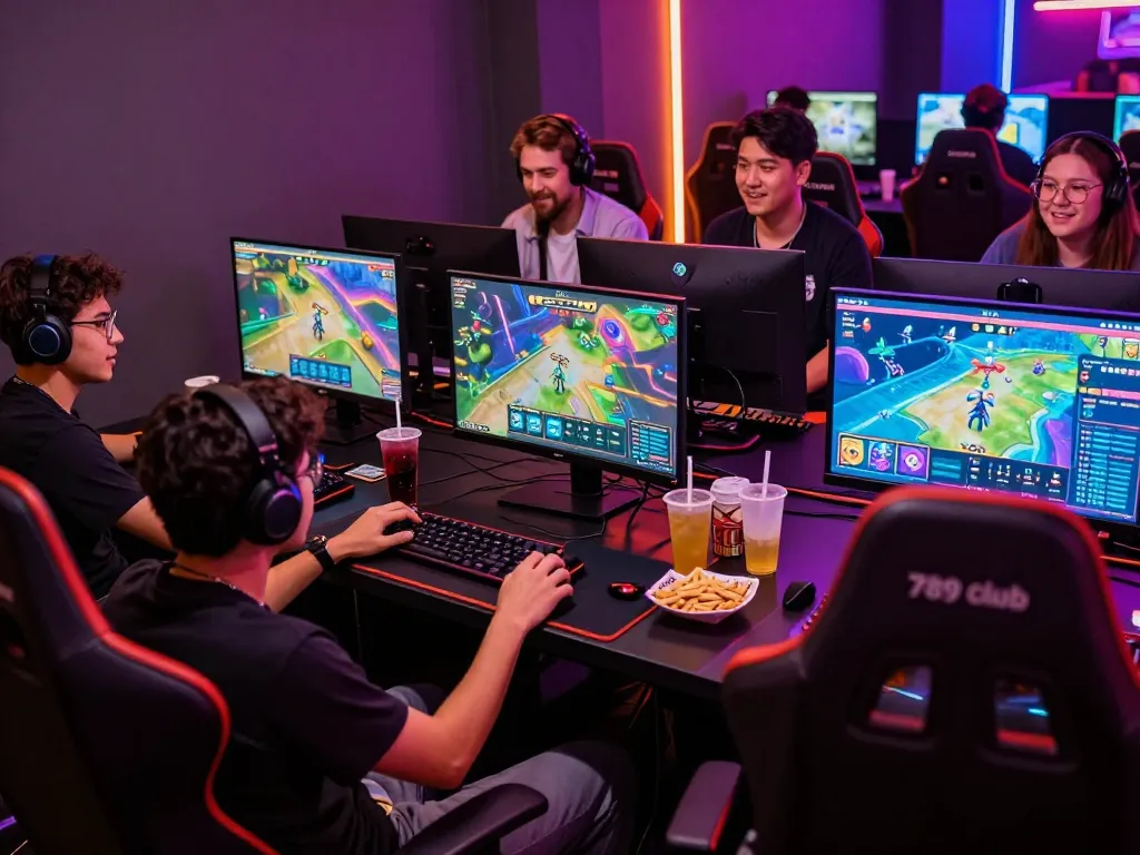 Friends enjoying the 789 club gaming experience with vibrant graphics and snacks in a cozy setup.