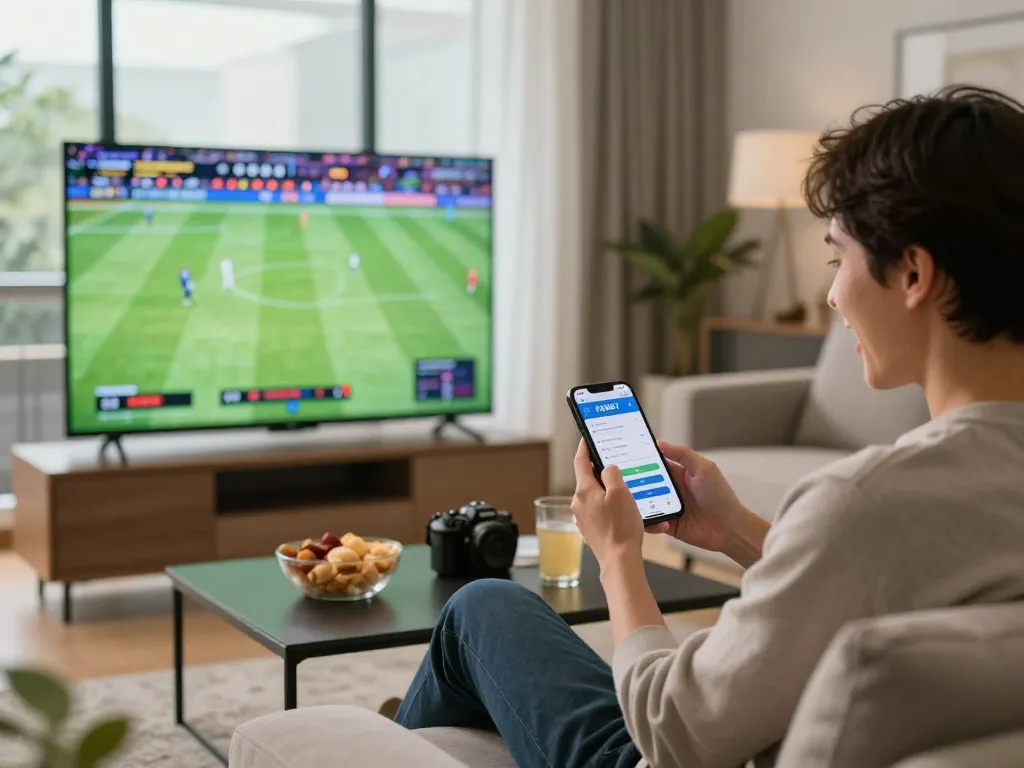 FABET betting enthusiast celebrating a win using a smartphone in a cozy living room.