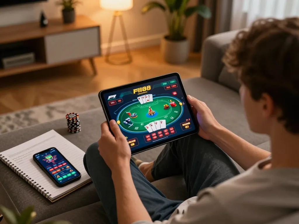 Player engaging in F168 online poker on a tablet, reflecting a modern gaming environment.