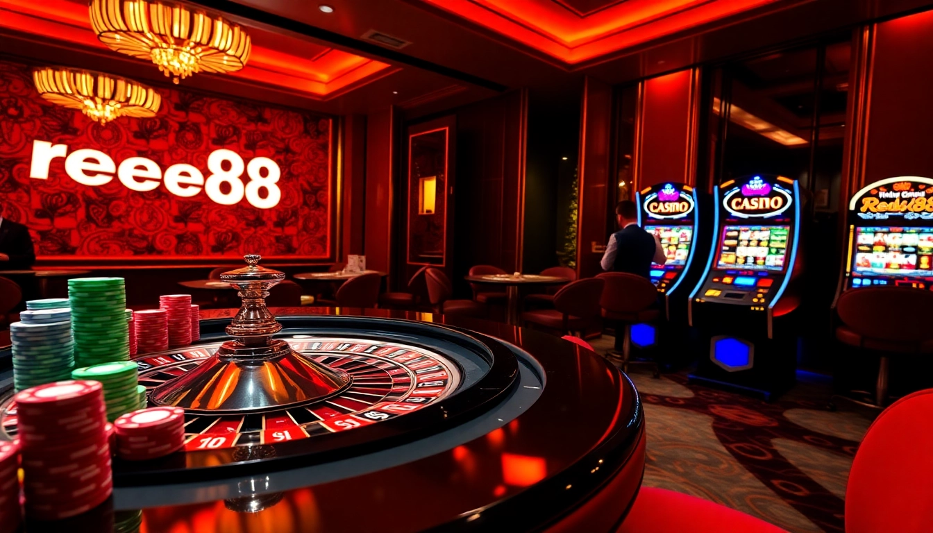 Experience the excitement of red88 at a luxurious casino table with vibrant roulette and chips.