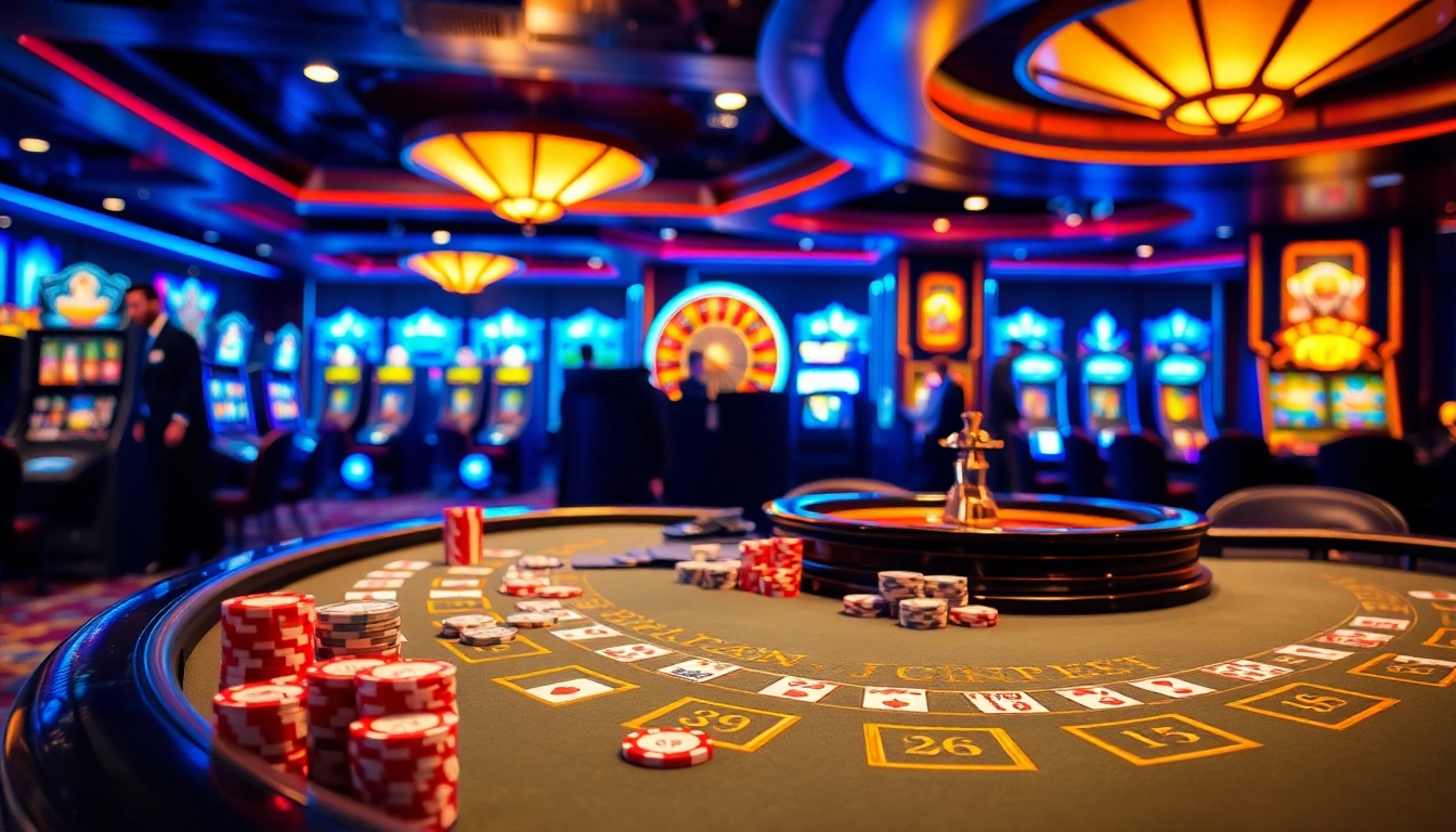 Capture the excitement of playing at https://xx88.trading/ with a professional casino scene featuring roulette and blackjack.