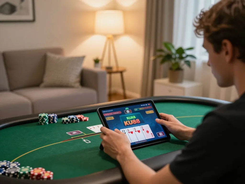Enjoying KU88 poker on a tablet in a cozy home gaming setup with warm ambiance