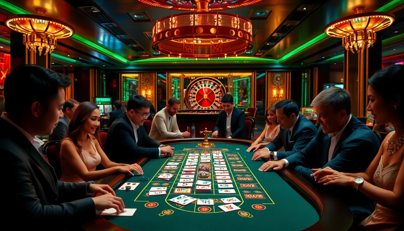 Players enjoying an exciting game at 11WIN casino table with vibrant chips and cards.