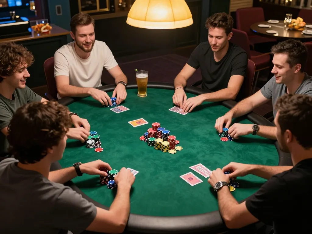 Friends playing poker at home with vibrant chips and cards during a tg 88 gaming night.