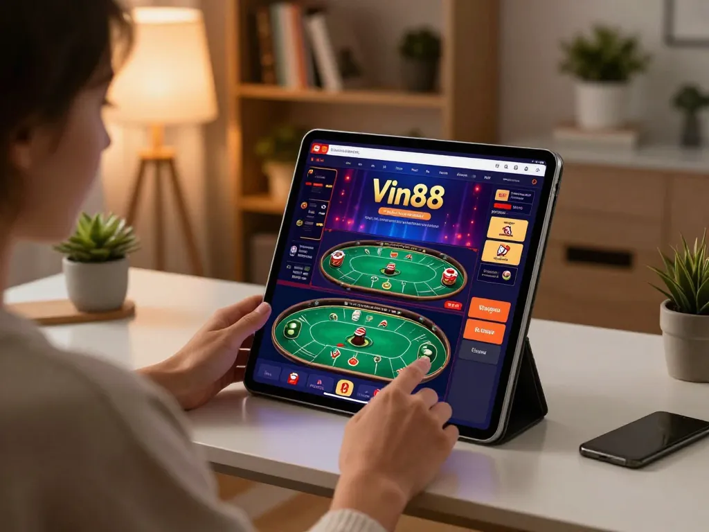 Person gaming on Vin88 app, showcasing responsible online betting at home