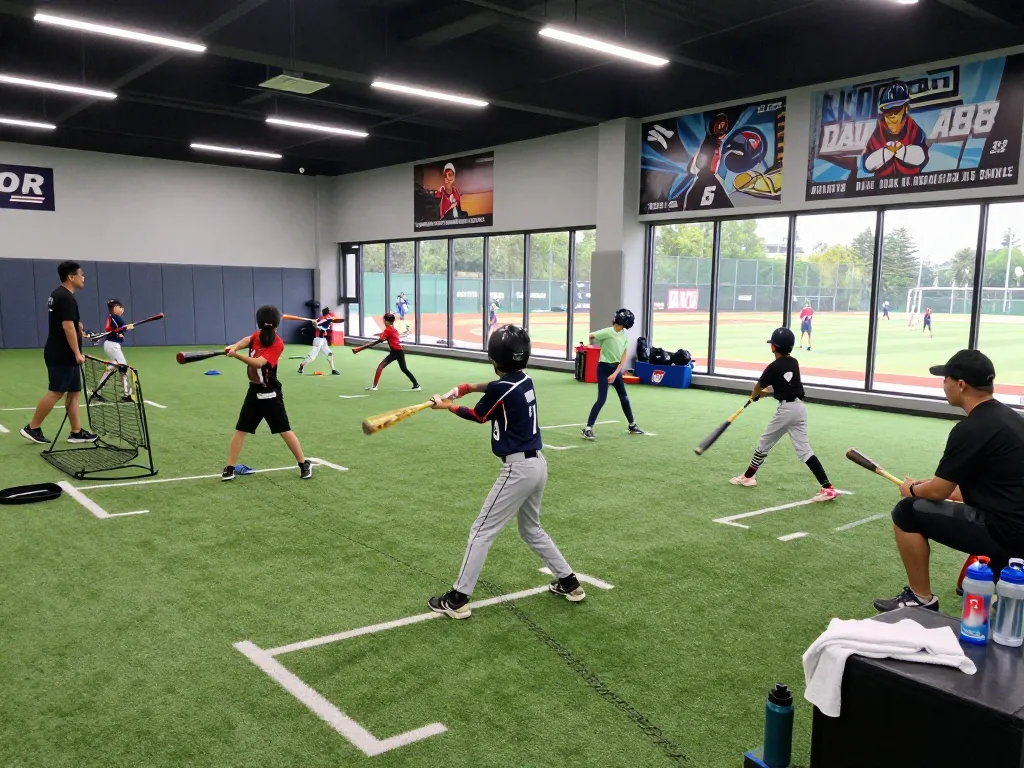 Hitclub athletes training in a vibrant indoor baseball facility, practicing hitting techniques and receiving coaching guidance.